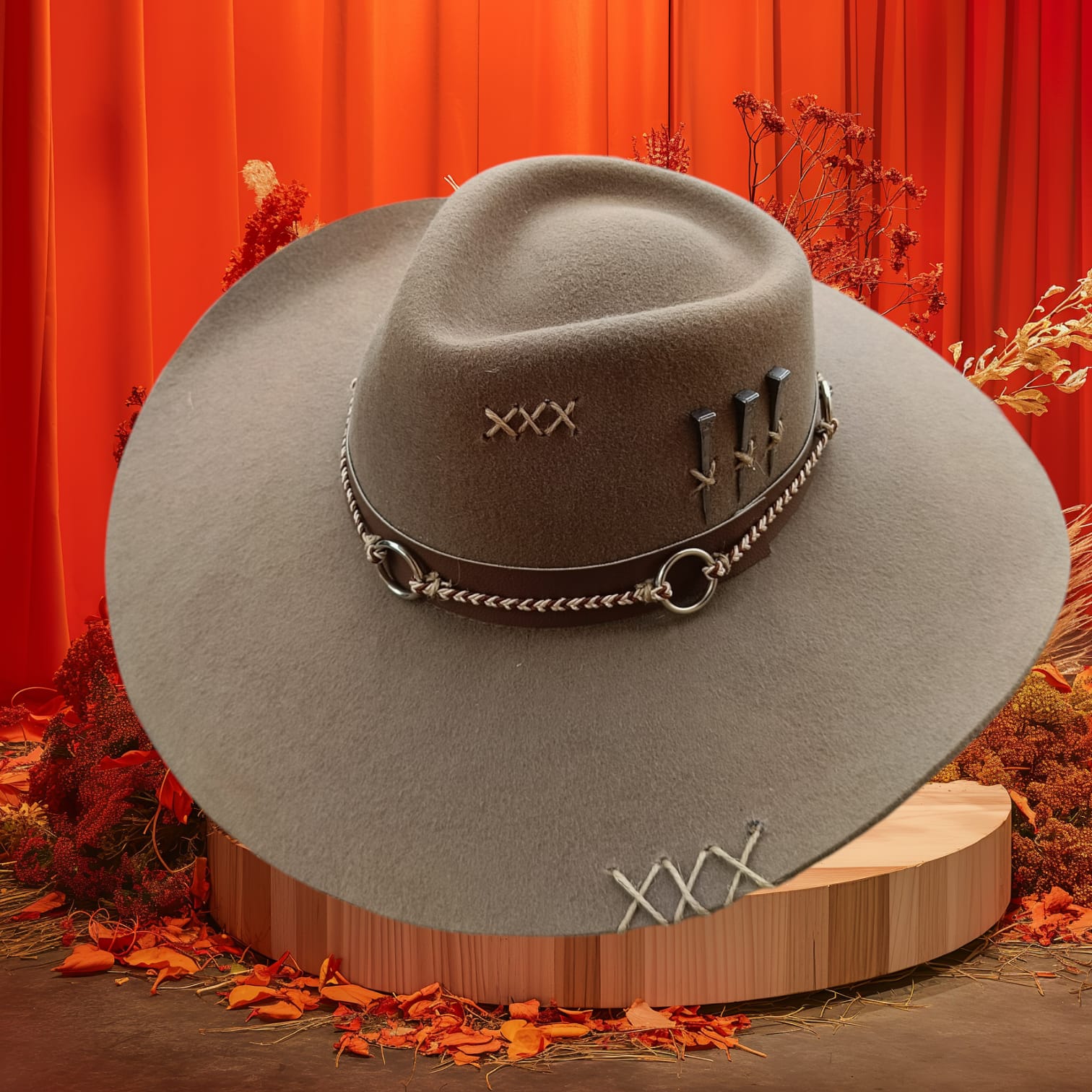 CHAPÉU 3 CRAVOS TAUPE ABA 10 C/ BANDA DE ARGOLA TAM M