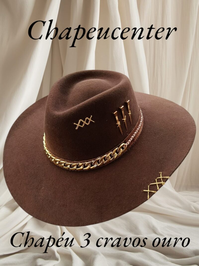 CHAPEU PERSONALIZADO 3 CRAVOS OURO ABA 10 MARROM TAM GG