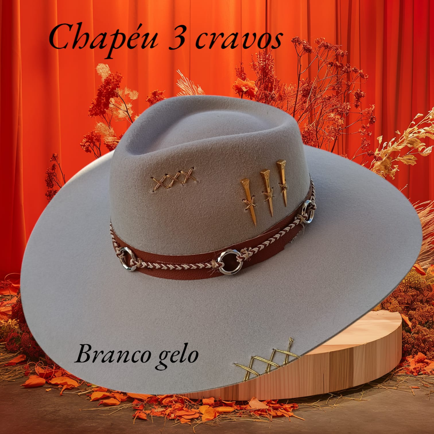 CHAPEU 3 CRAVOS GELO ABA 10 C/ BANDA DE ARGOLA TAM P