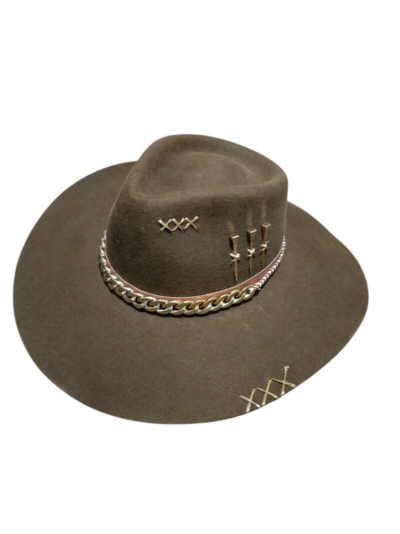 CHAPEU PERSONALIZADO 3 CRAVOS OURO ABA 10 TAUPE TAM P