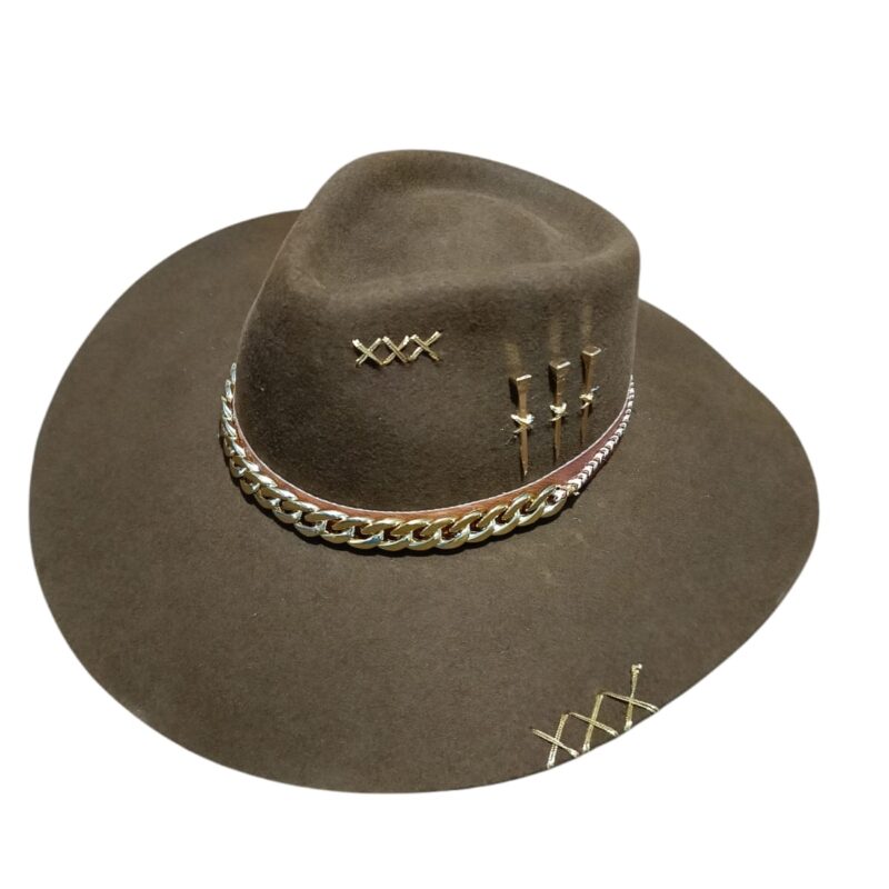 CHAPEU PERSONALIZADO 3 CRAVOS OURO ABA 10 TAUPE TAM P