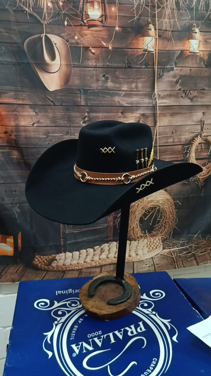 Chapeu 3 Cravos Dourado Americano Aba 12 Customizado Preto GG