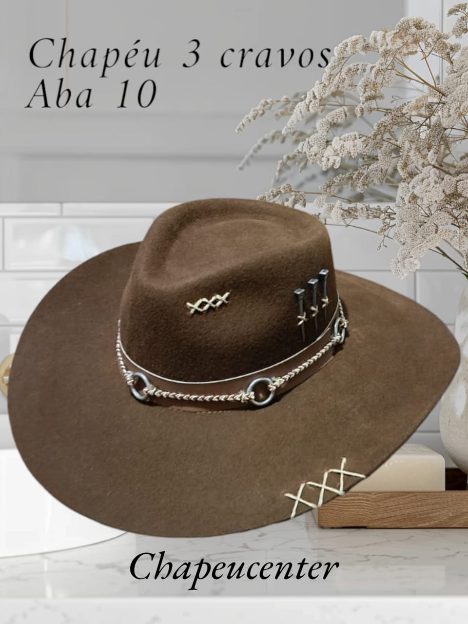 CHAPÉU 3 CRAVOS MARROM ABA 8,5 C/ BANDA DE ARGOLA TAM M