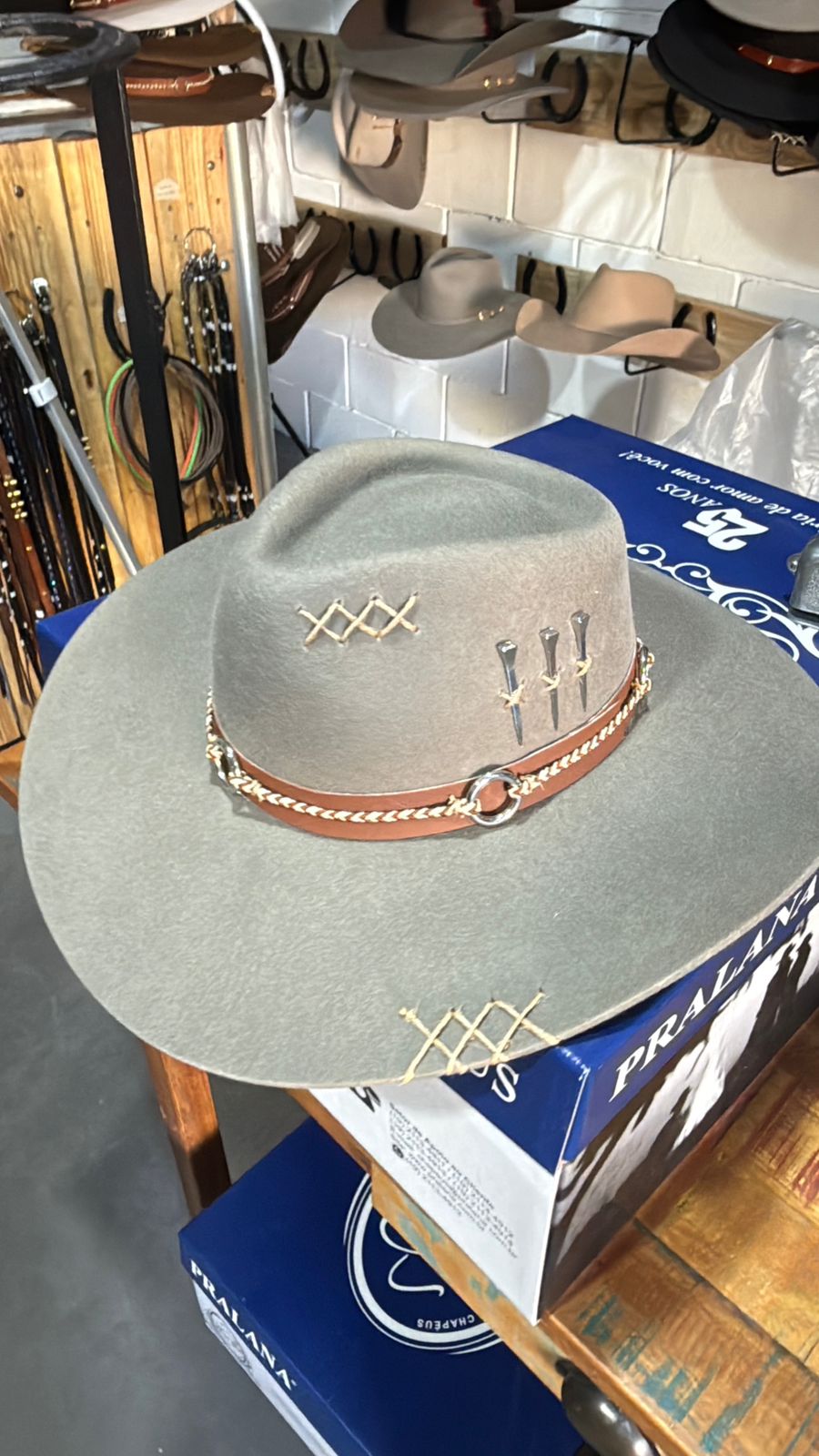 CHAPÉU 3 CRAVOS CINZA CLARO ABA 10 C/ BANDA DE ARGOLA TAM GG