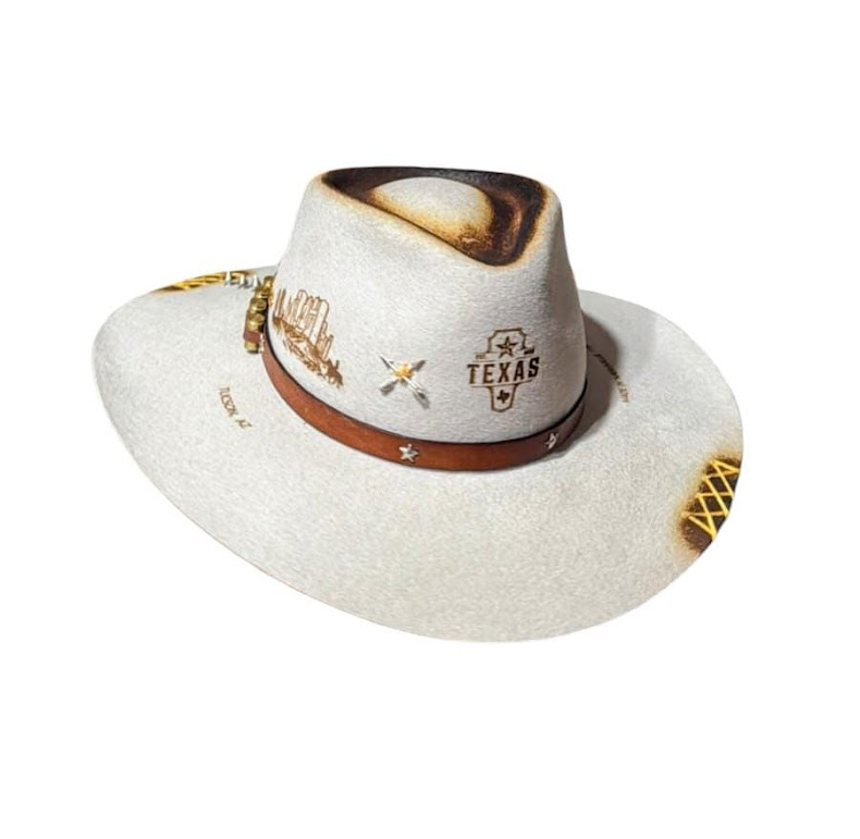 CHAPEU GELO ABA 10 PERSONALIZADO A LASER TEXAS E CASCA DE BALA TAM G