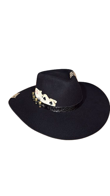 CHAPEU PRALANA 5X CAMPO ABA 10 PRETO CASCA DE BALA E CARTA DE BARALHO