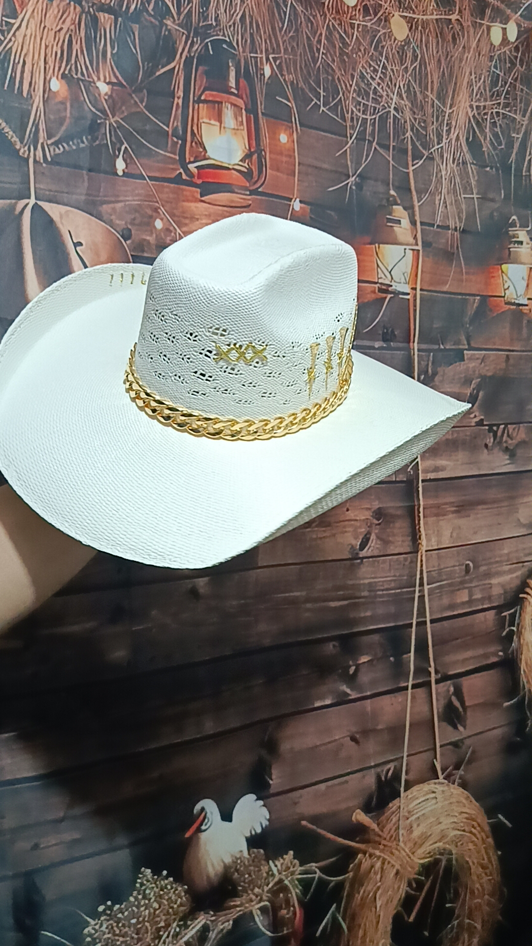 Chapéu Personalizado 3 Cravos Corrente Aba 12 Palha Sintética Branco