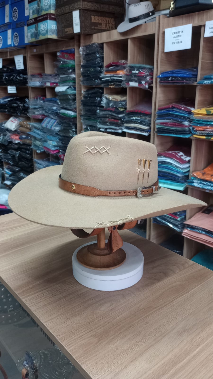 CHAPEU PRALANA 5X CAMPO ABA 10 CAMEL BANDINHA MARROM LISA C/ CASCA DE BALA