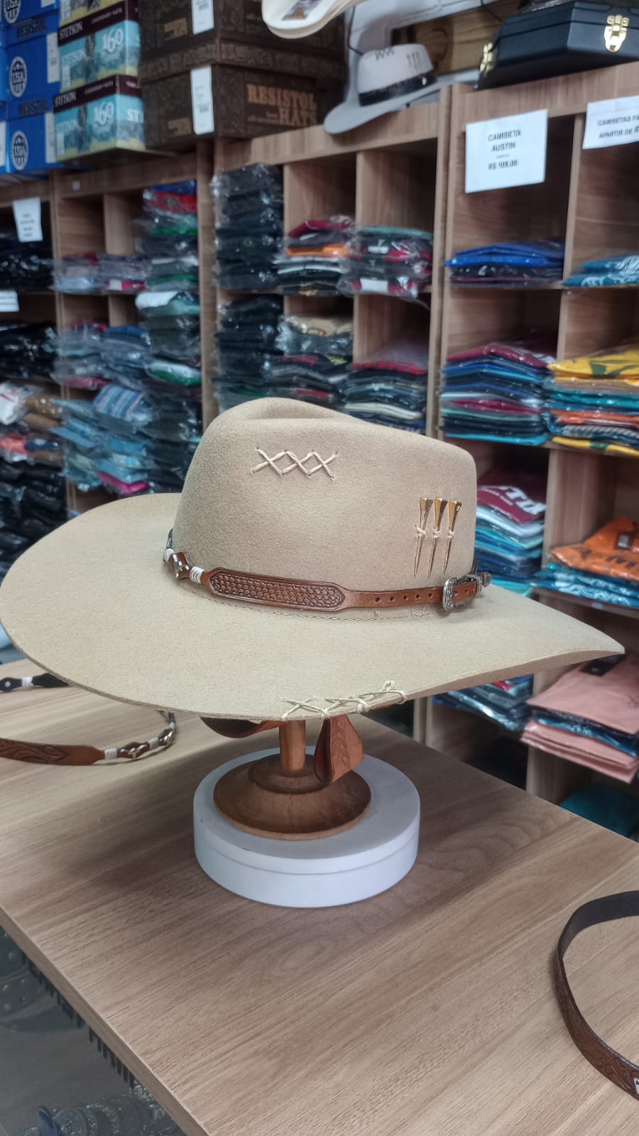 CHAPEU PRALANA 5X CAMPO ABA 10 CAMEL BANDINHA BOI MARROM C/ CASCA DE BALA